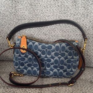 Coach Signature Denim Shoulder Bag with Tan Trim